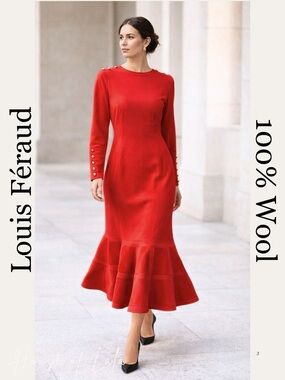 Louis Feraud 100%  New Wool Red Dress Gold Button Trim Flare Hem Vintage Size 10